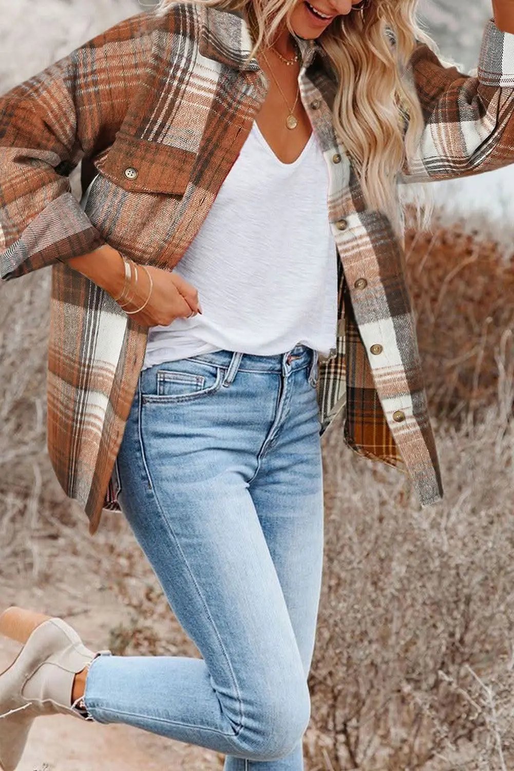 Love Salve Brown Plaid Flap Pockets Shacket