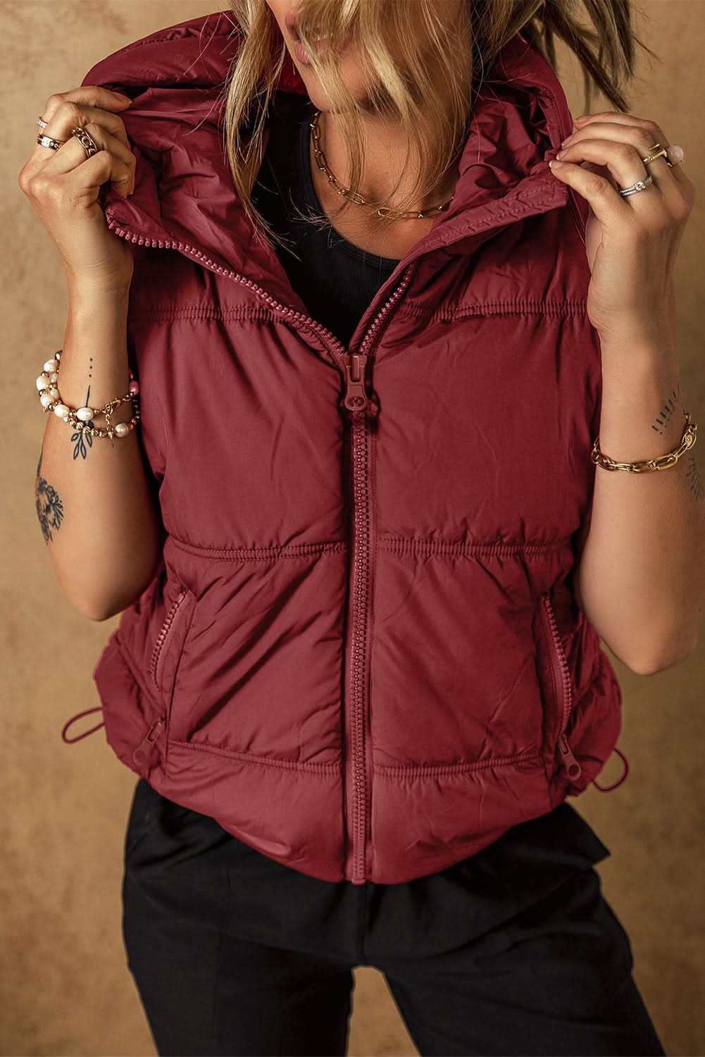 Love Salve Clay hooded puffer vest with pockets