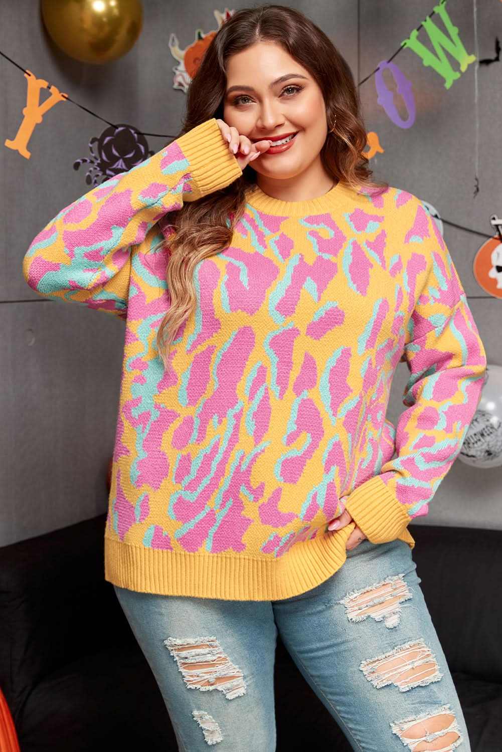 Love Salve Pink Leopard Plus Size Women&amp;#39;s Sweater - Daily Winter Style, Comfy Fit