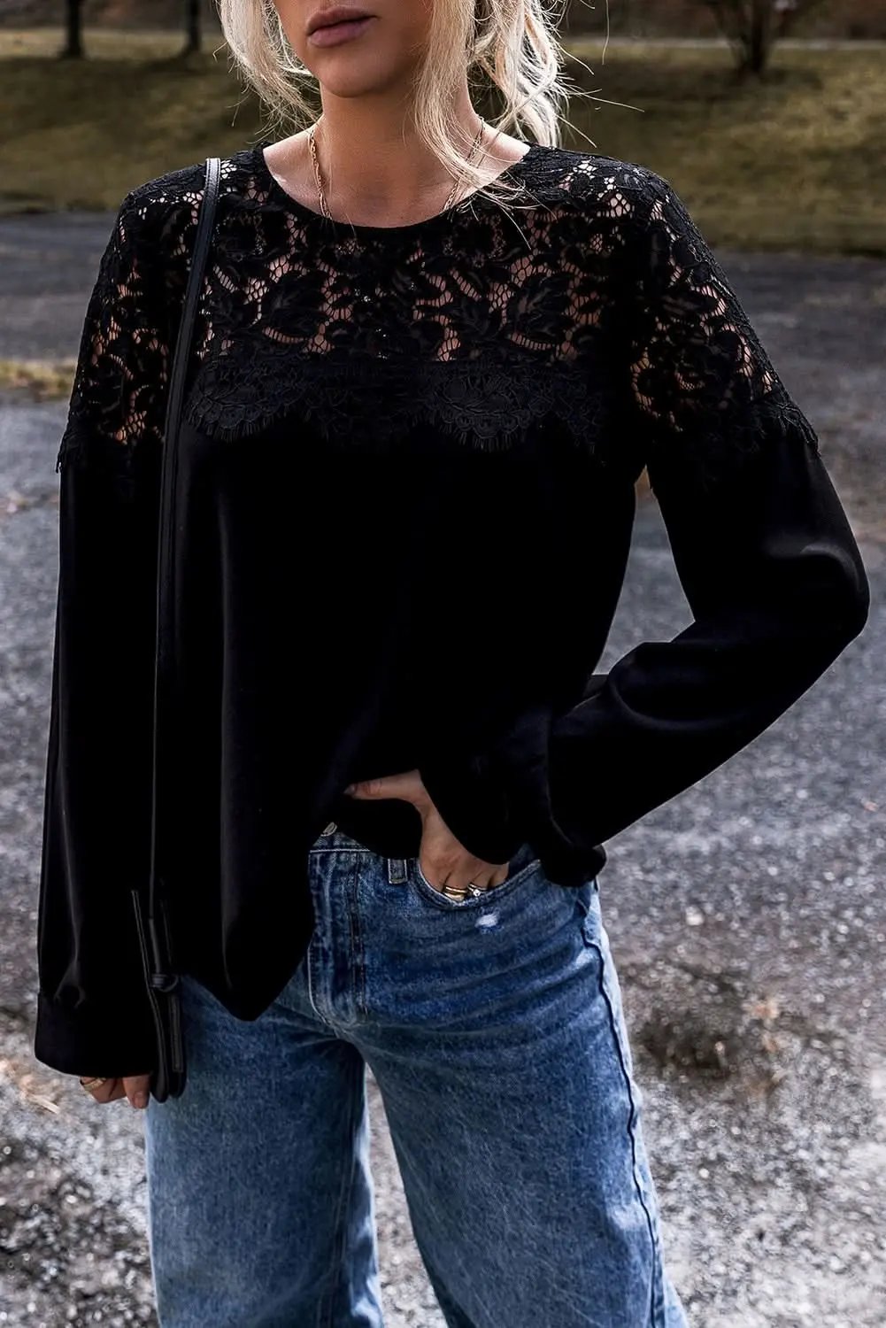 Love Salve Elegant black lace long sleeve top