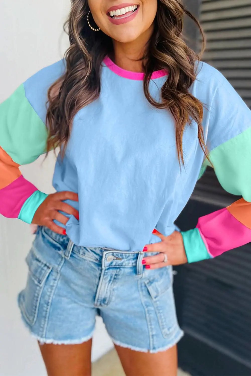 Love Salve Colorblock Long Sleeve Top - Dark Blue