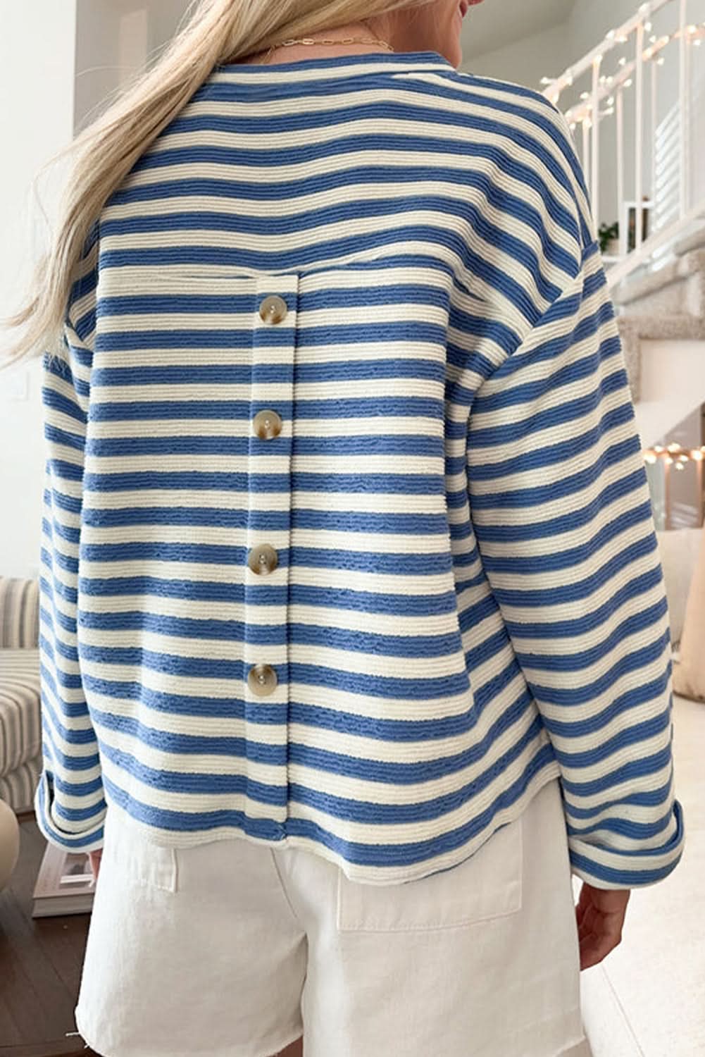 Love Salve Sky Blue Striped V-Neck Top