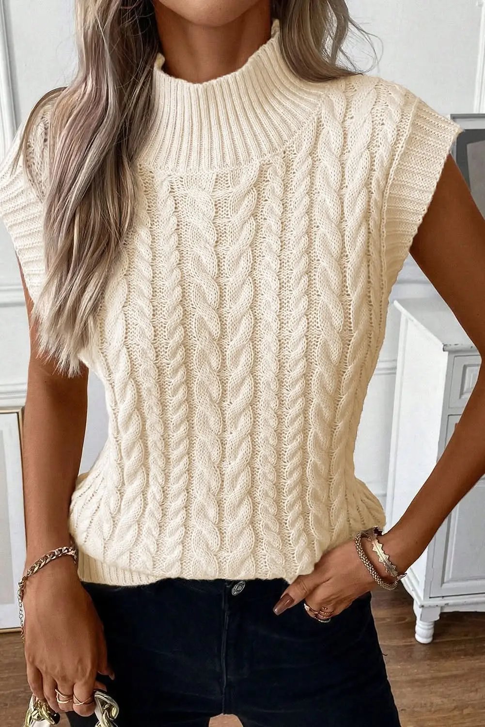 Love Salve Oatmeal Cable Knit Women&amp;#39;s Layering Sweater Vest - Stylish &amp;amp; Warm