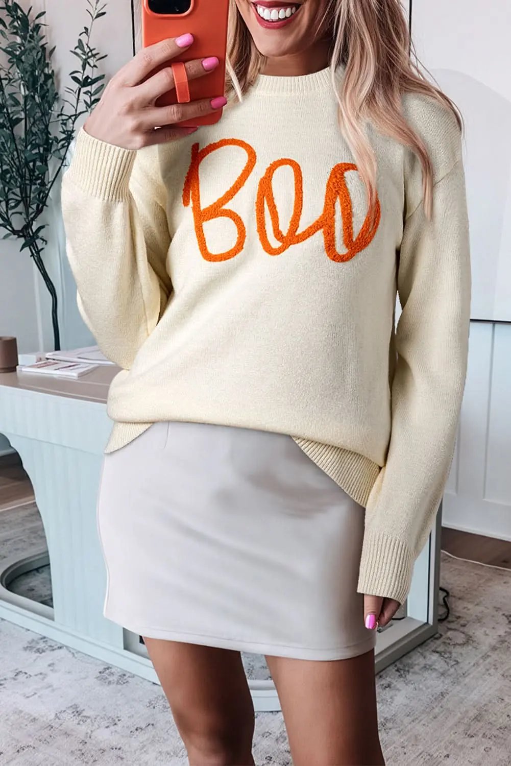 Love Salve Apricot &amp;quot;Boo&amp;quot; Sweater Women&amp;#39;s Fall Casual Pullover Letter Print