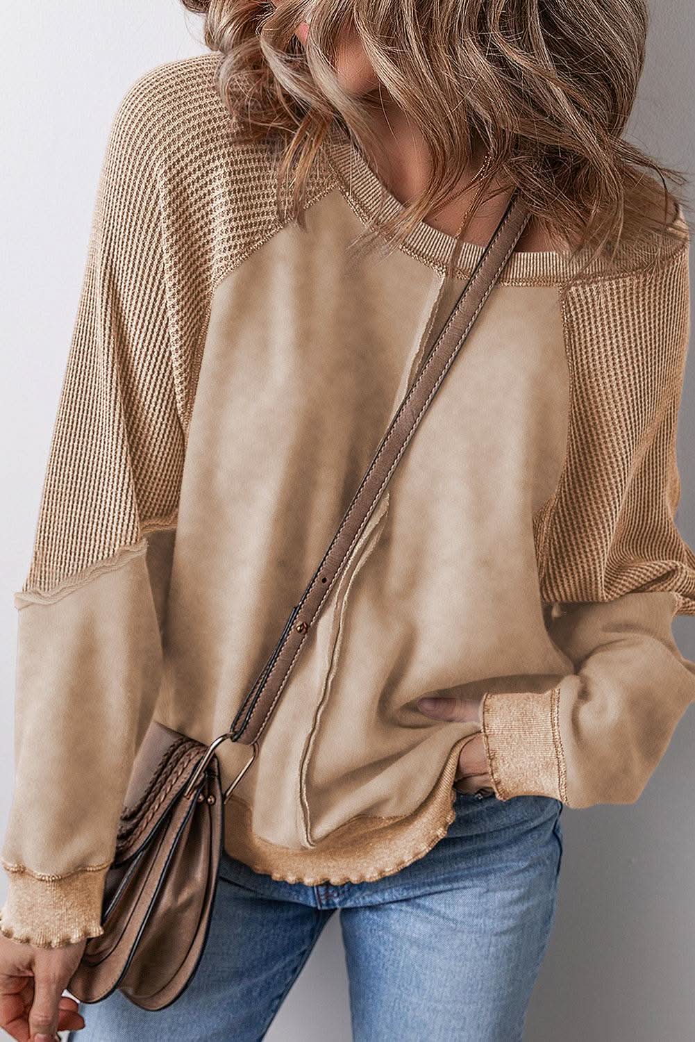 Love Salve Chic light beige waffle knit sweatshirt
