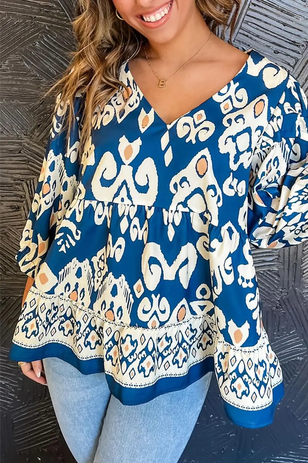 Love Salve Blue Tribal Geometric Print 3/4 Sleeve Flowy Fit B