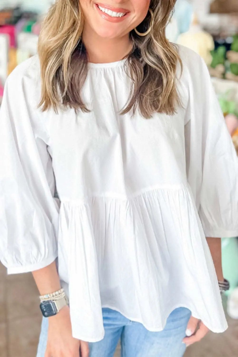 Love Salve White Bow Knot Cutout Back Loose Fit 3/4 Sleeve Bl