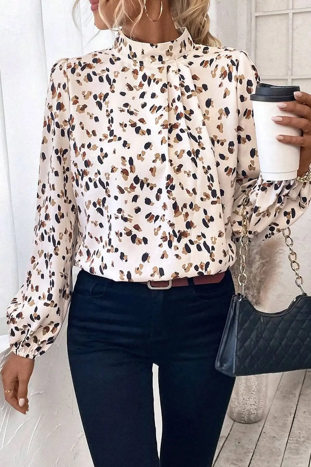 Love Salve White Leopard Print Lantern Sleeve Mock Neck Pleat