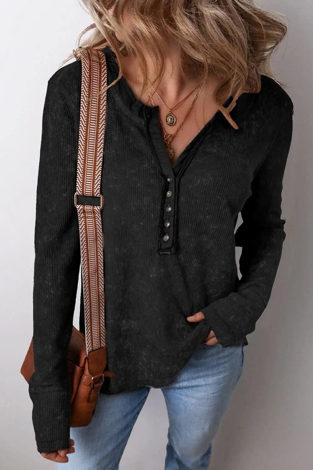 Love Salve Black Acid Wash Women&amp;#39;s Casual Long Sleeve Top - Chic &amp;amp; Comfy