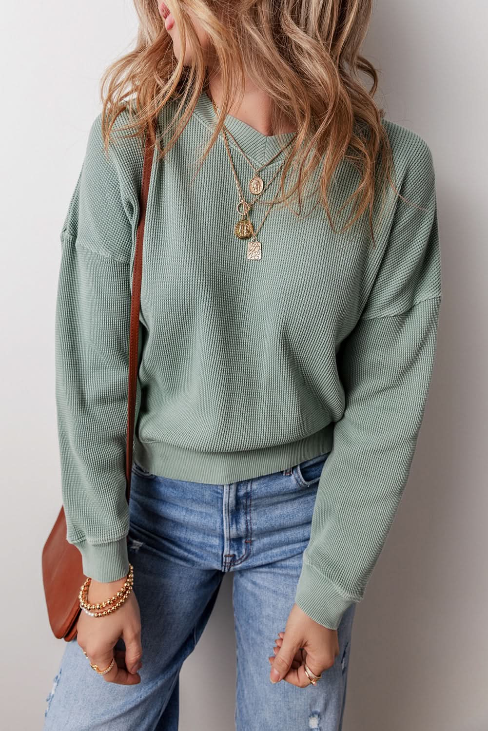 Love Salve Green Waffle Knit Top Women&amp;#39;s Daily V-Neck Casual Cozy