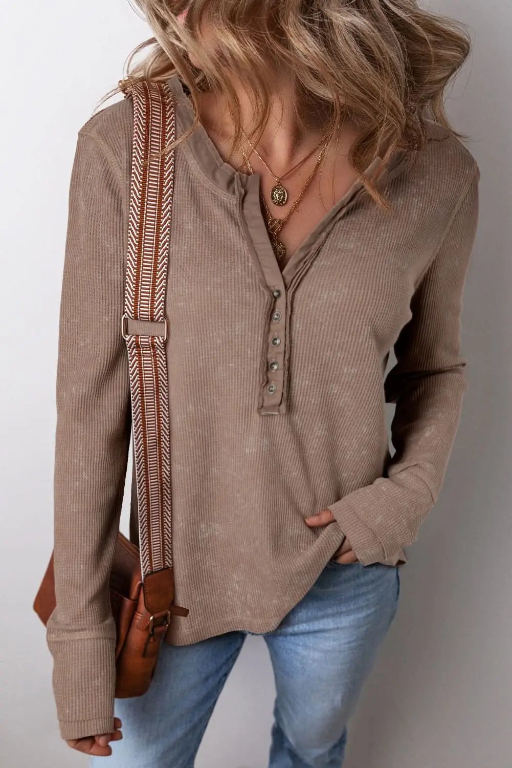 Love Salve Coffee Waffle Knit Top Daily Casual Women&amp;#39;s Long Sleeve Acid Wash Tee - Soft &amp;amp; Chic