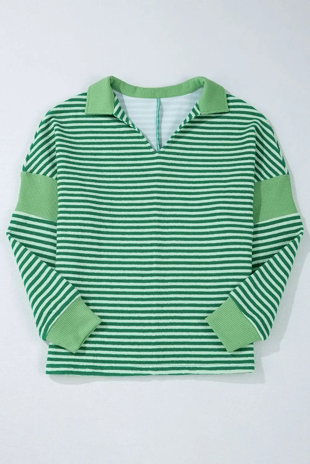 Love Salve Green Striped Top Women&amp;#39;s Daily V-Neck Tee Casual Fall Fashion