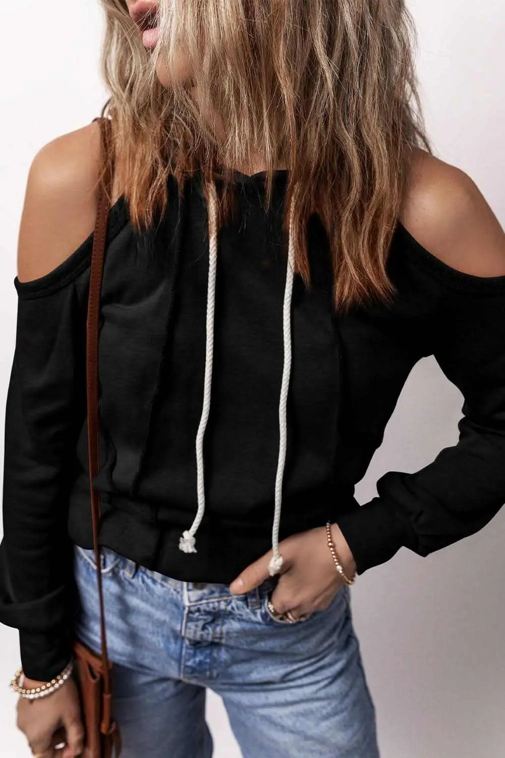Love Salve Black Cold Shoulder Daily Women&amp;#39;s Hoodie - Chic &amp;amp; Casual