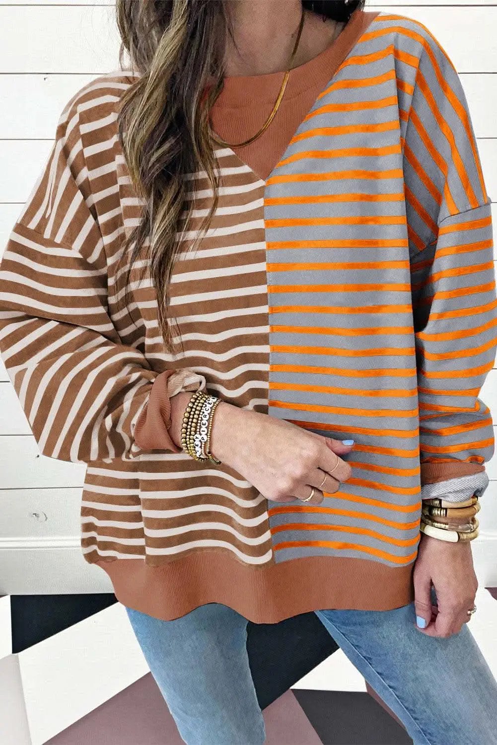 Love Salve Brown Stripe Oversized Women&amp;#39;s Sweatshirt Daily Wear Casual Style
