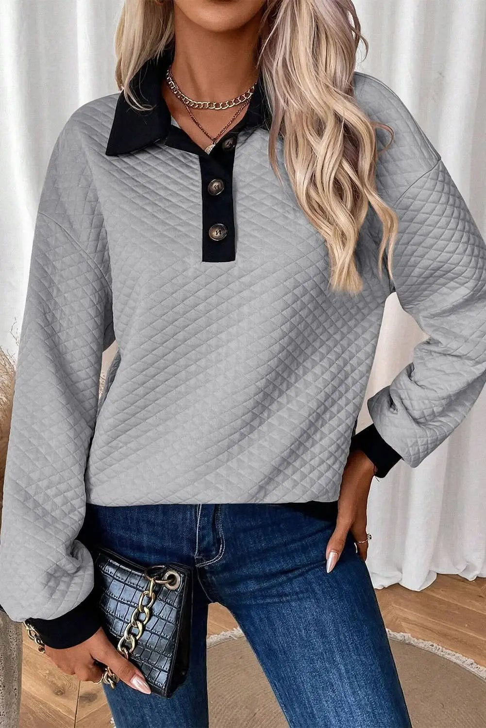 Love Salve Light Grey Textured Colorblock Edge Buttoned Colla