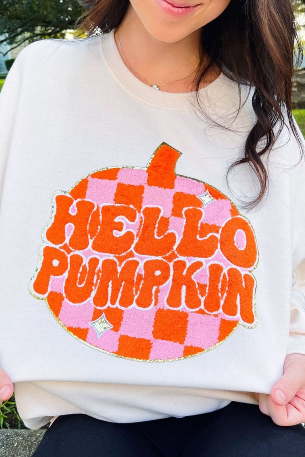Love Salve White Terry Halloween Pumpkin Patched Pattern Pull