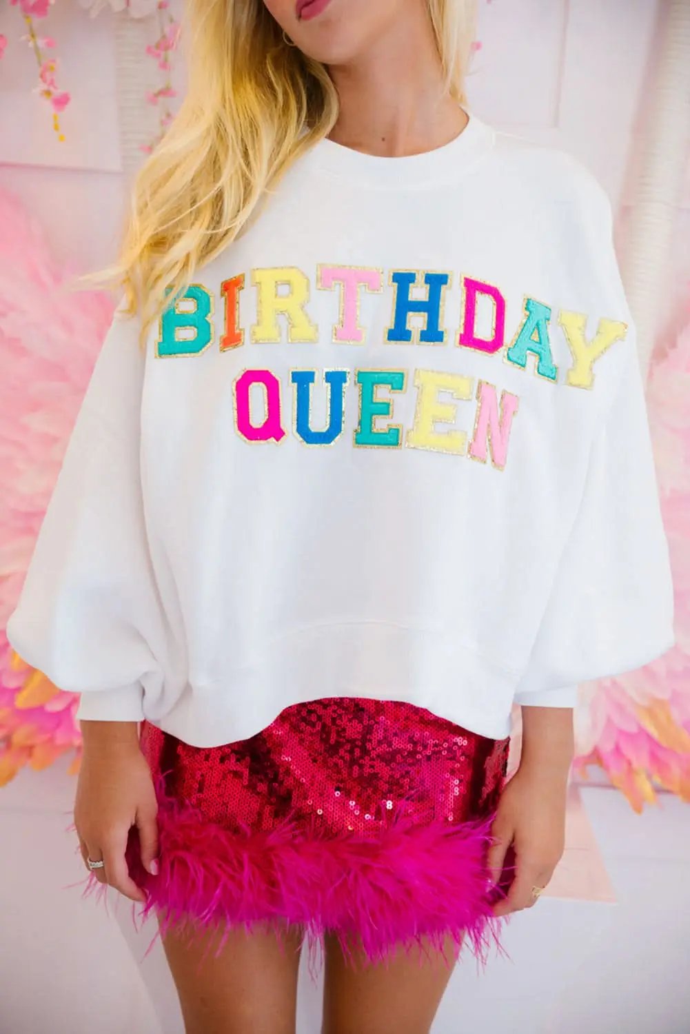 Love Salve White BIRTHDAY QUEEN Graphic Balloon Sleeve Sweats