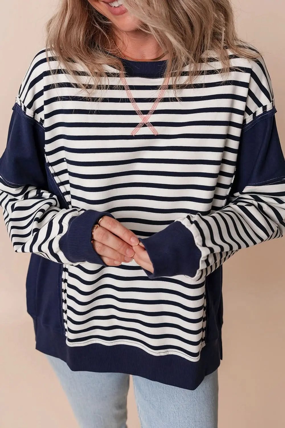 Love Salve Stripe Color Block Women&amp;#39;s Casual Sweatshirt + Daily Wear + Loose Fit + Winter Style