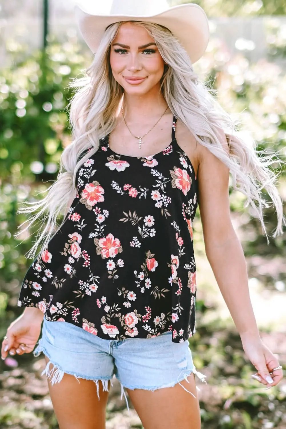 Love Salve Black Floral Tank Top Women&amp;#39;s Bohemian Summer Top Strappy Back Cute