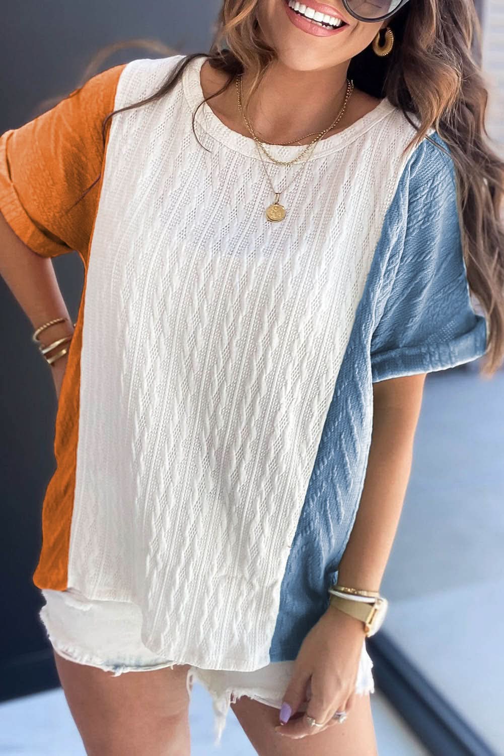 Love Salve Light Blue Textured Color Block Loose Fit T Shirt