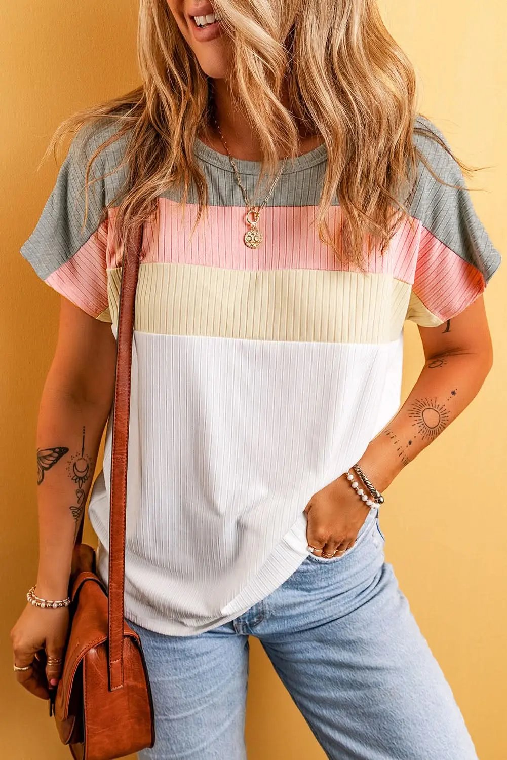 Love Salve Ribbed Color Block Tee Women&amp;#39;s Casual T-Shirt Summer Essential