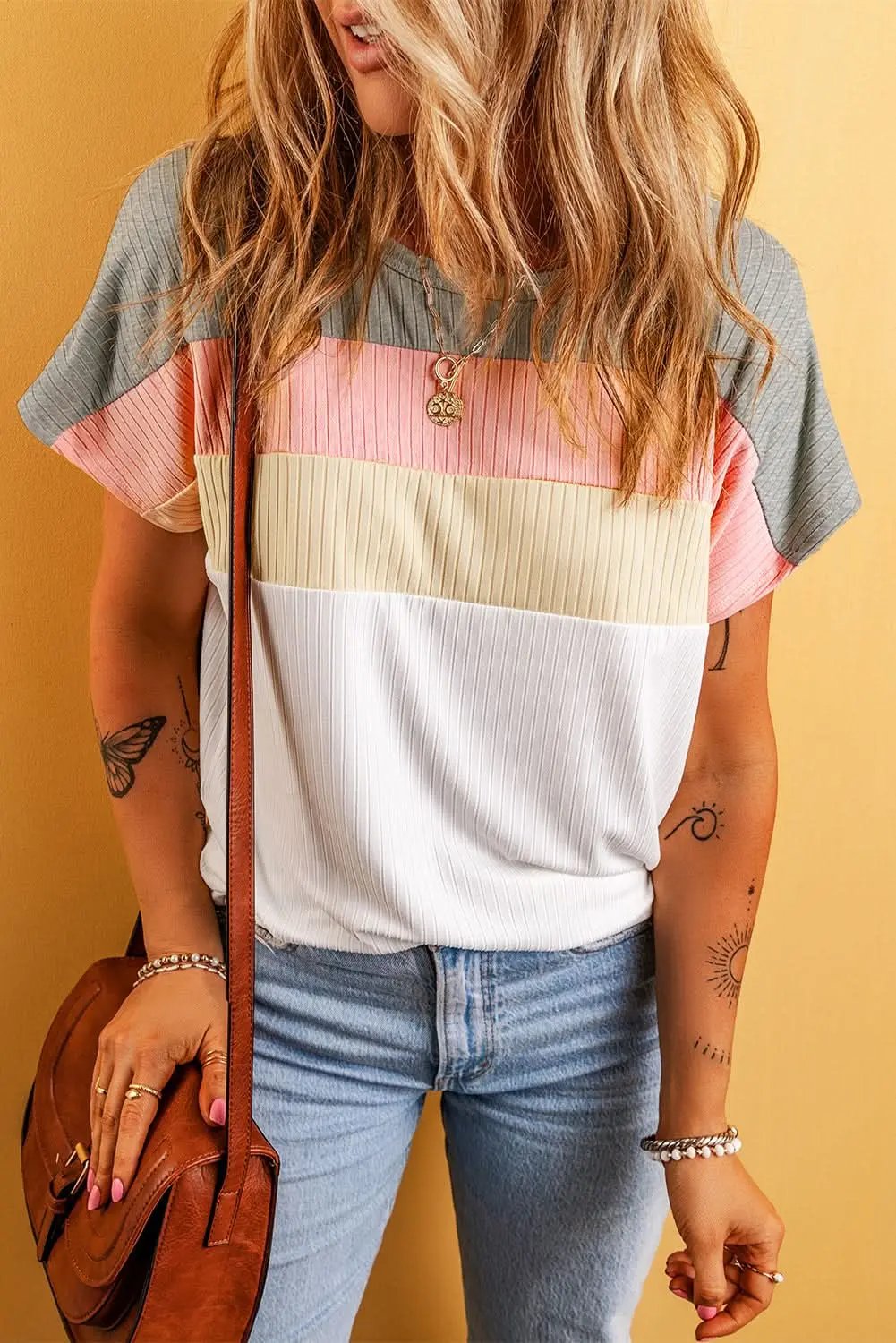 Love Salve Ribbed Color Block Tee Women&#39;s Casual T-Shirt Summer Essential