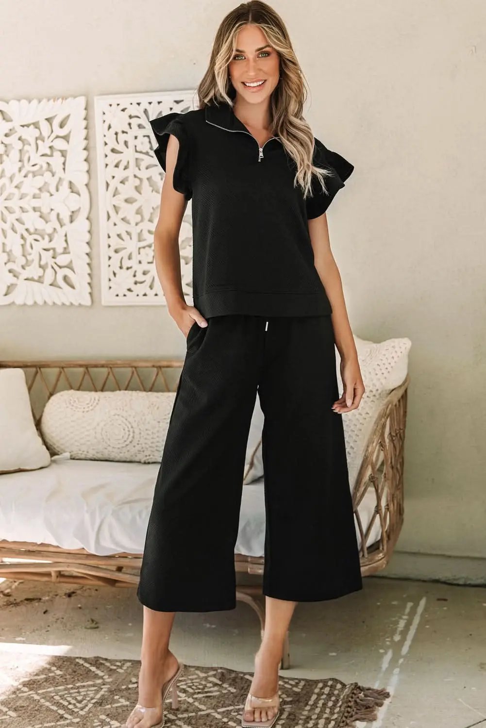 Love Salve Black Set Women&amp;#39;s Daily Wear Pant Set Ruffle Sleeve, Wide Leg