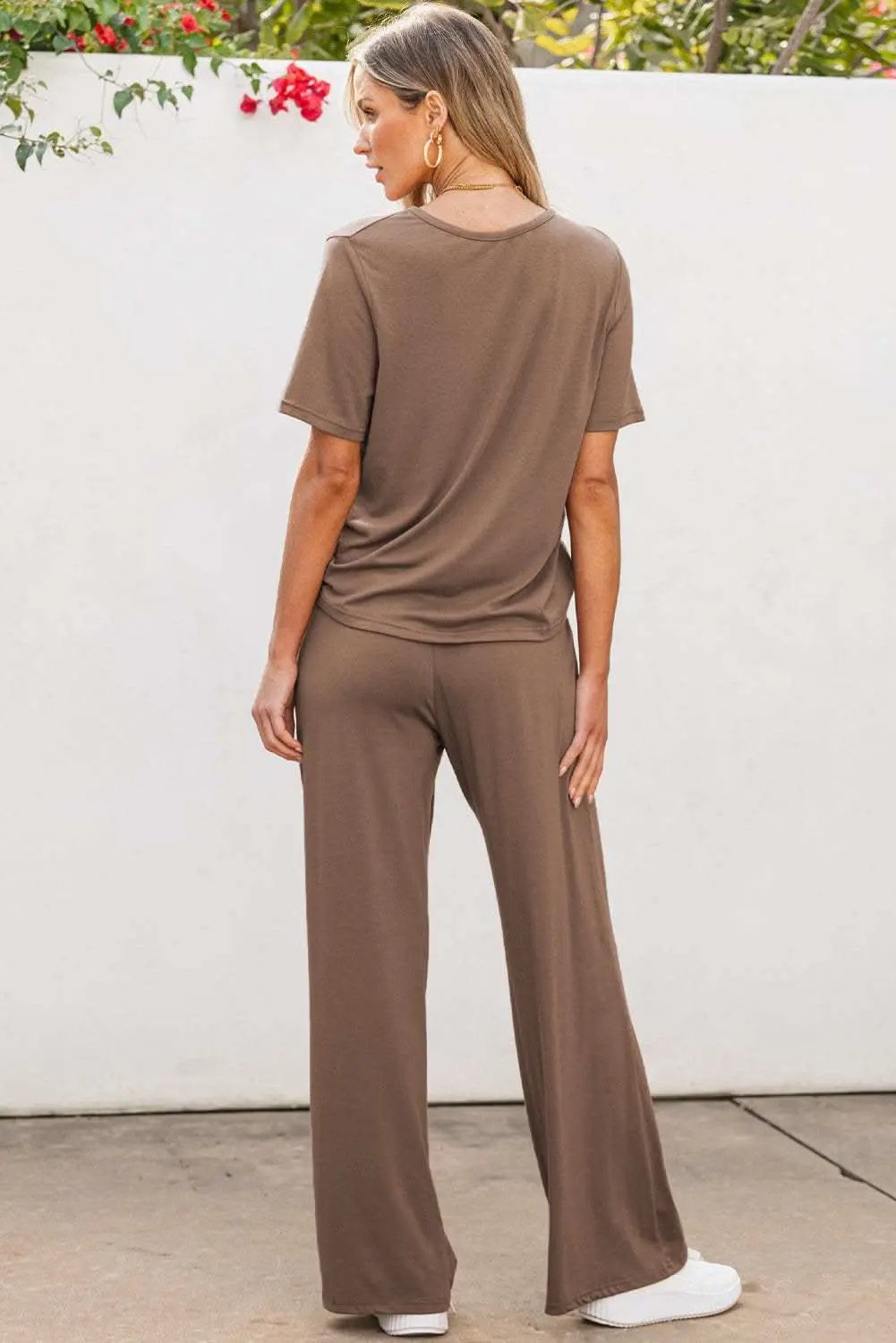 Love Salve Smoke Gray Solid Color T Shirt 2pcs Wide Leg Pants