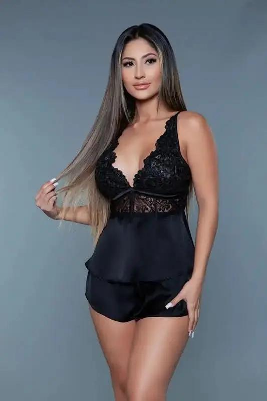 Premium BE WICKED Sienna Lace &amp;amp; Satin Loungewear Set Black 1X