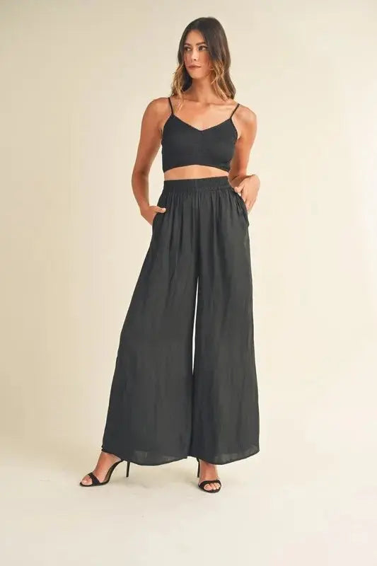 Smocked Set Women&amp;#39;s Casual Bralette Crop Top &amp;amp; Wide Leg Pants Set - USA Ship
