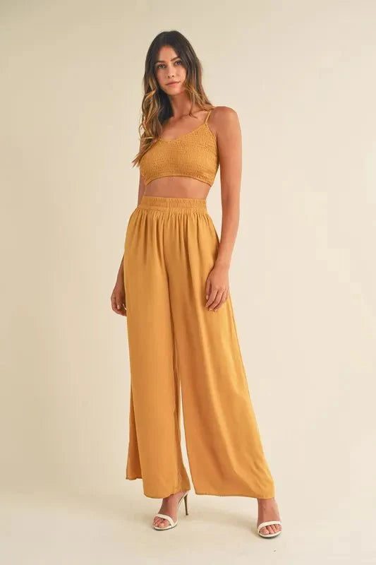 MABLE Smocked Bralette Crop Top and Wide Leg Pants Set