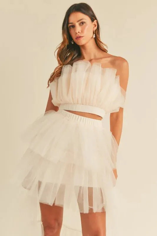 MABLE Tulle Tube Ruffle Crop Top and High Low Maxi Skirt Set