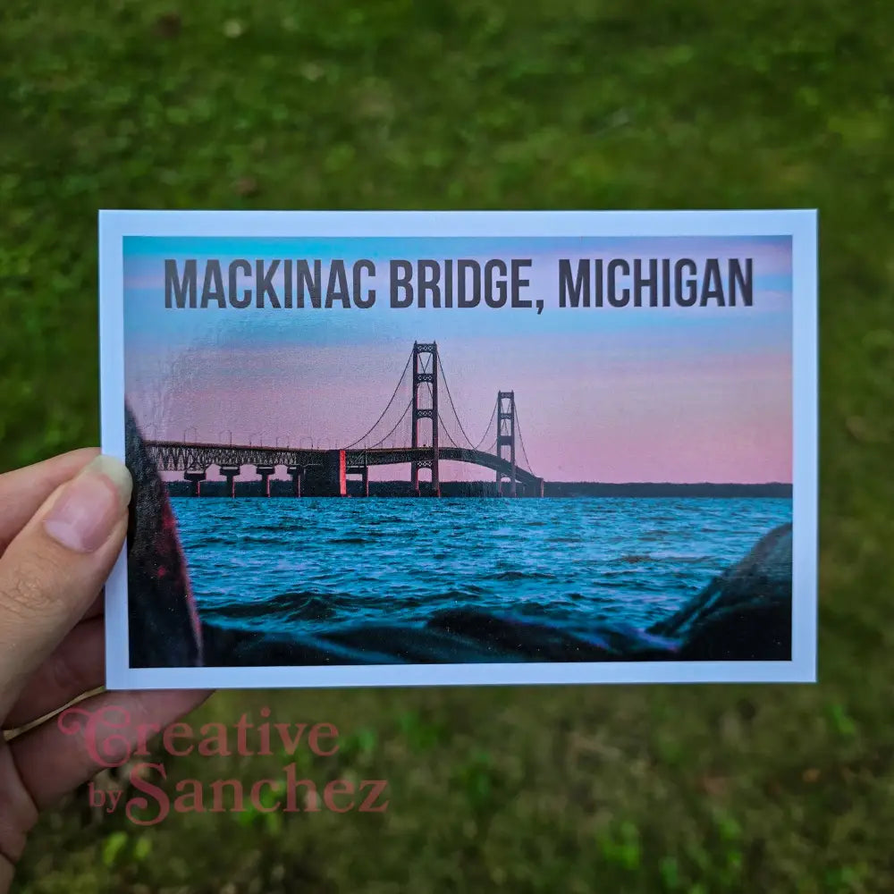 Mackinac Bridge Michigan Postcard – Scenic View Over Water – Licensed Photography with Original Design