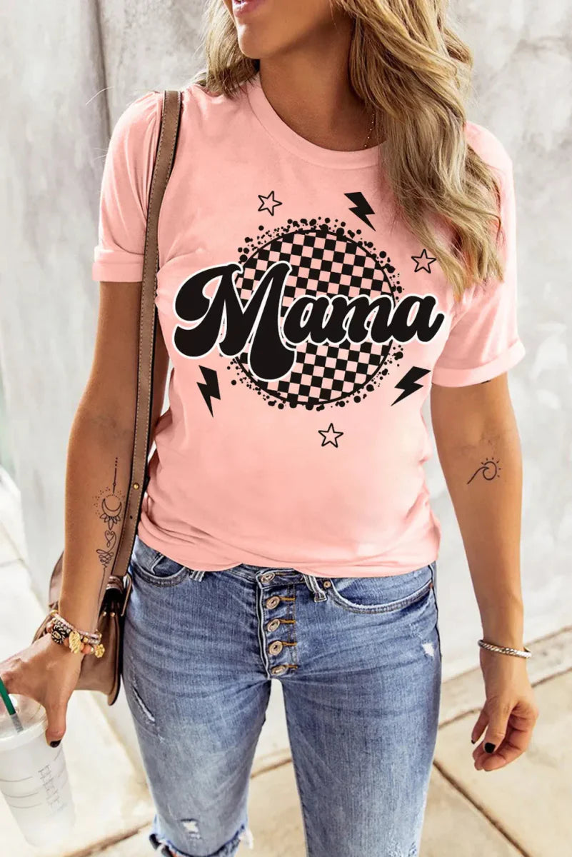 MAMA Round Neck Short Sleeve T-Shirt for Women Casual Wear