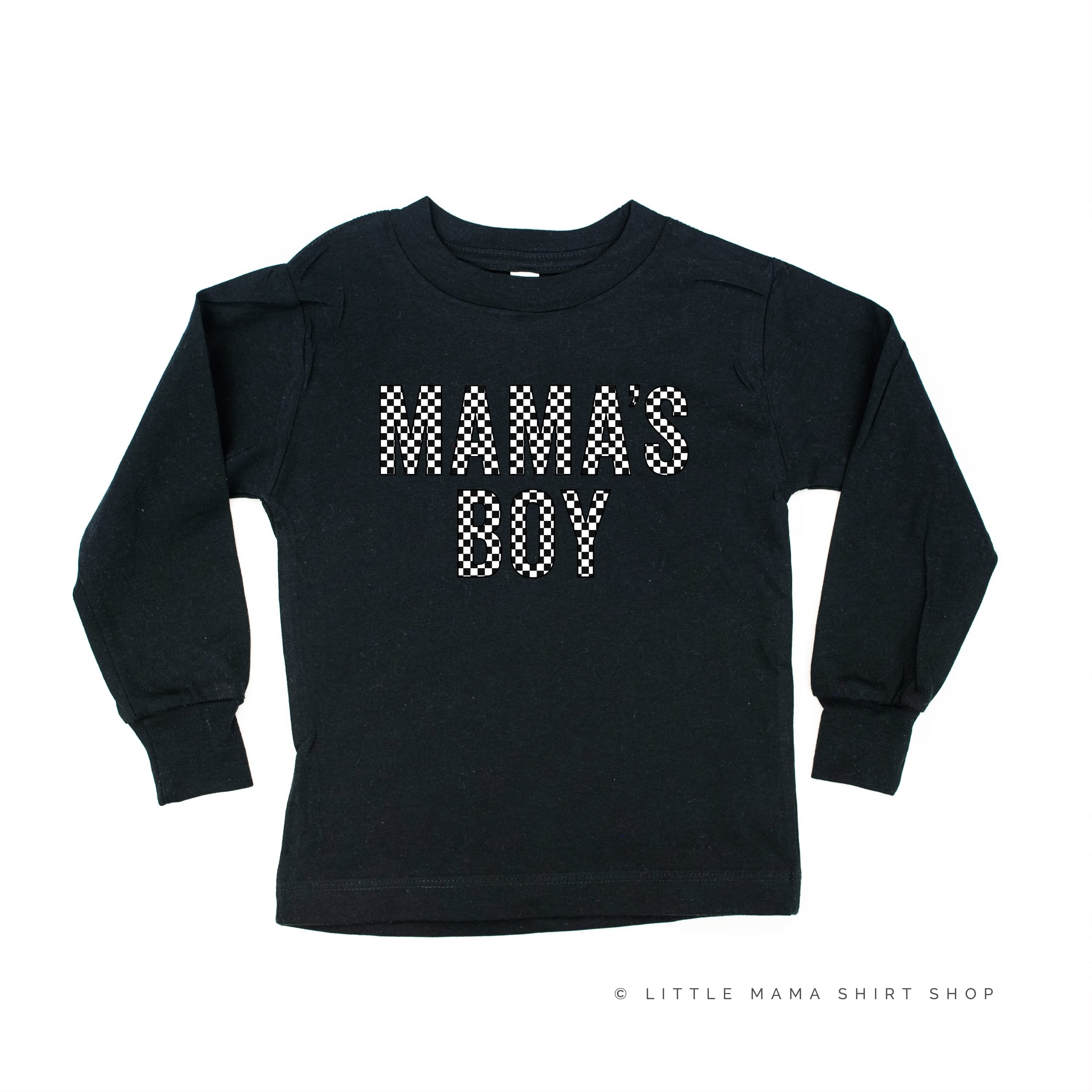Block Font Checkers - Mama&amp;#39;s Boy - Child Long Sleeve Tee