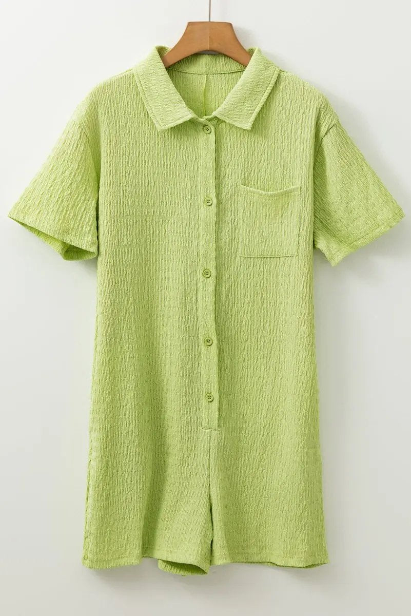 Meadow Mist Green Textured Short Sleeve Pocket Romper