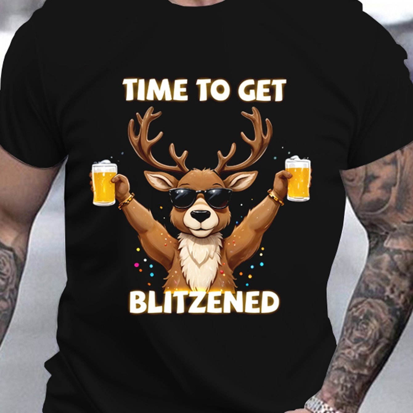 Men&amp;#39;s Christmas Deer And Beer 3D Printed T-shirt - Casual Round Neck Short Sleeve, Breathable Polyester Fiber Summer Top