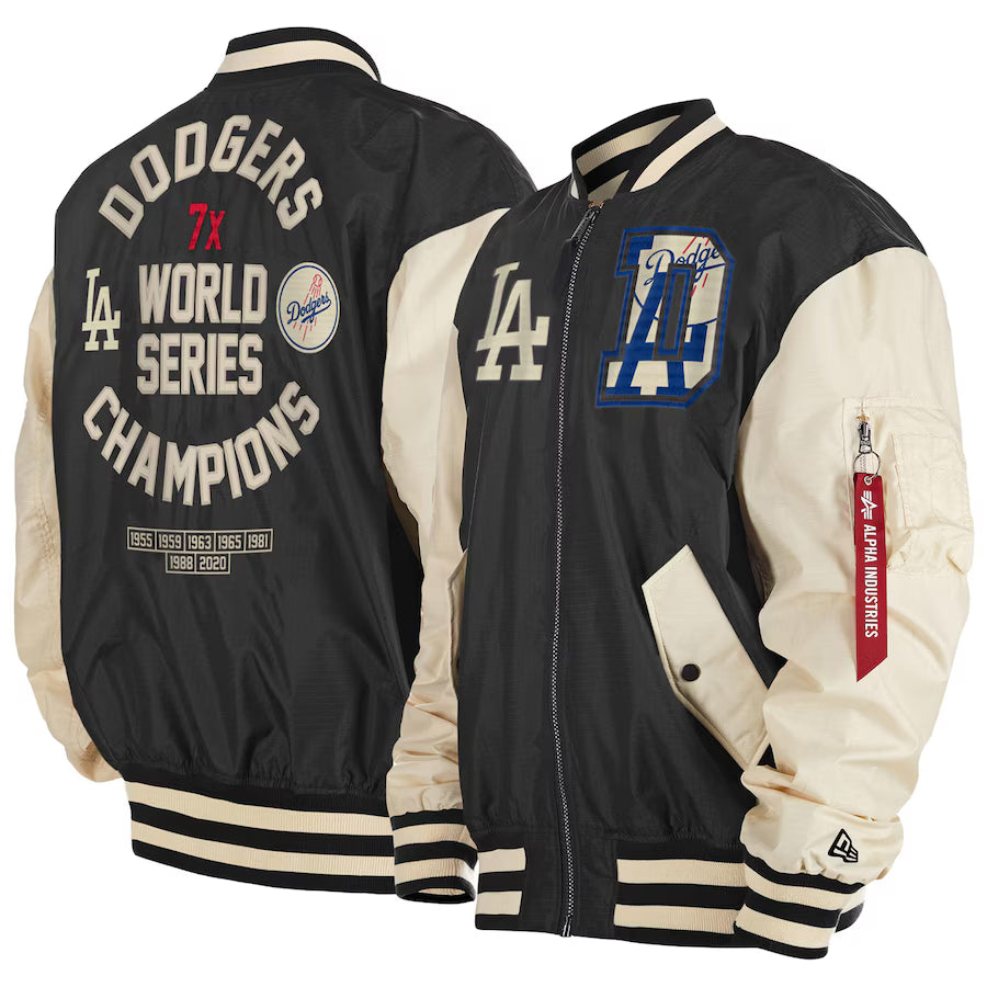 Men&amp;#39;s Los Angeles Dodgers New Era x Alpha Industries Black Seven-Time World Series Champions Team Reversible Full-Zip Bomber Jacket