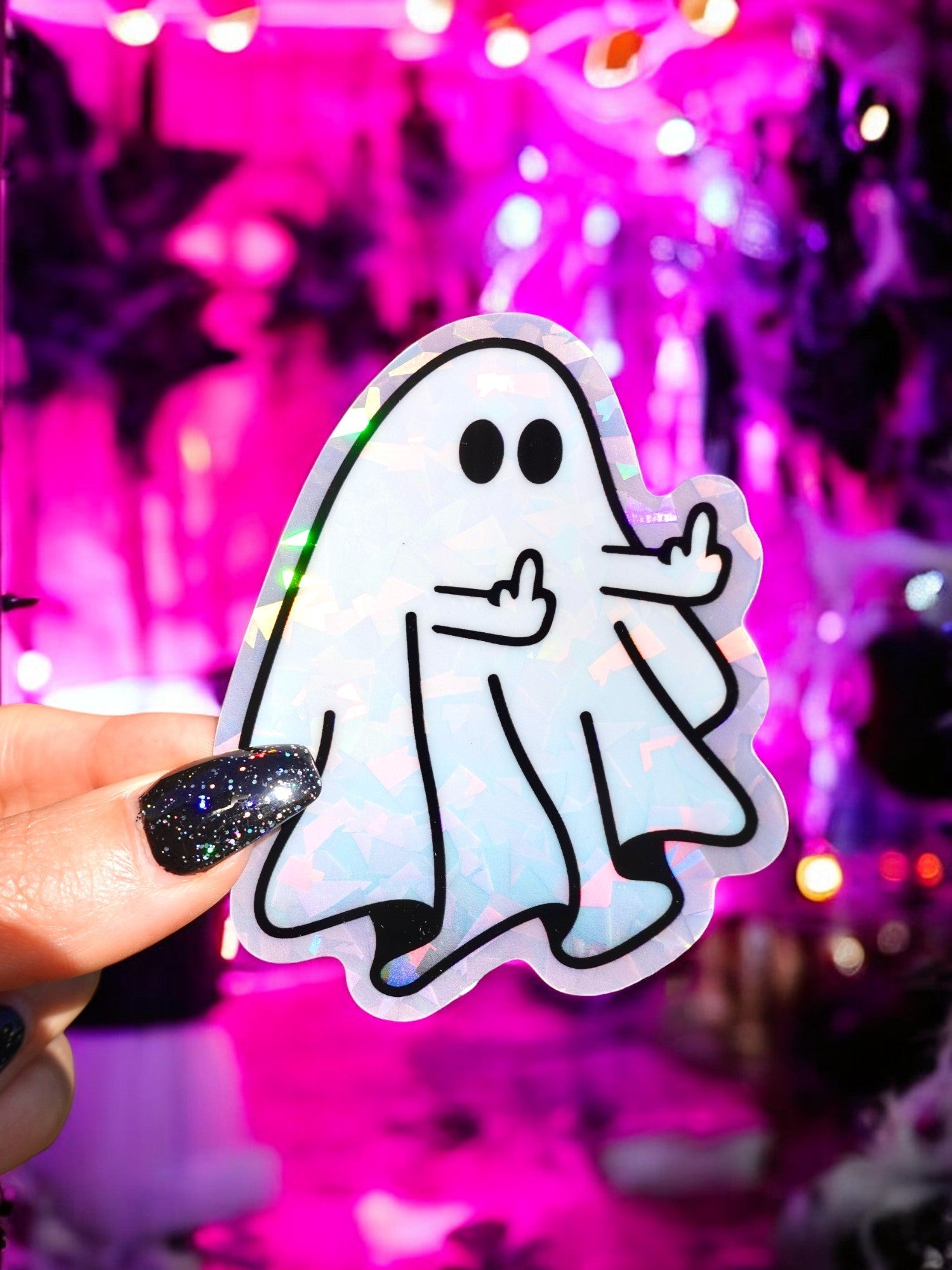 Funny Holographic Ghost Sticker – Middle Finger Halloween Vinyl Decal Sticker