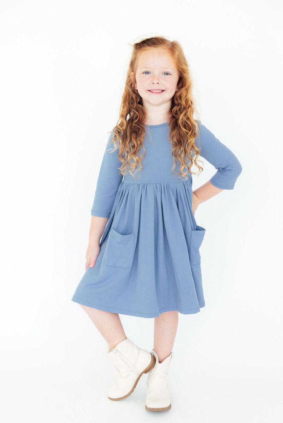 DUSTY BLUE 3/4 SLEEVE POCKET TWIRL DRESS