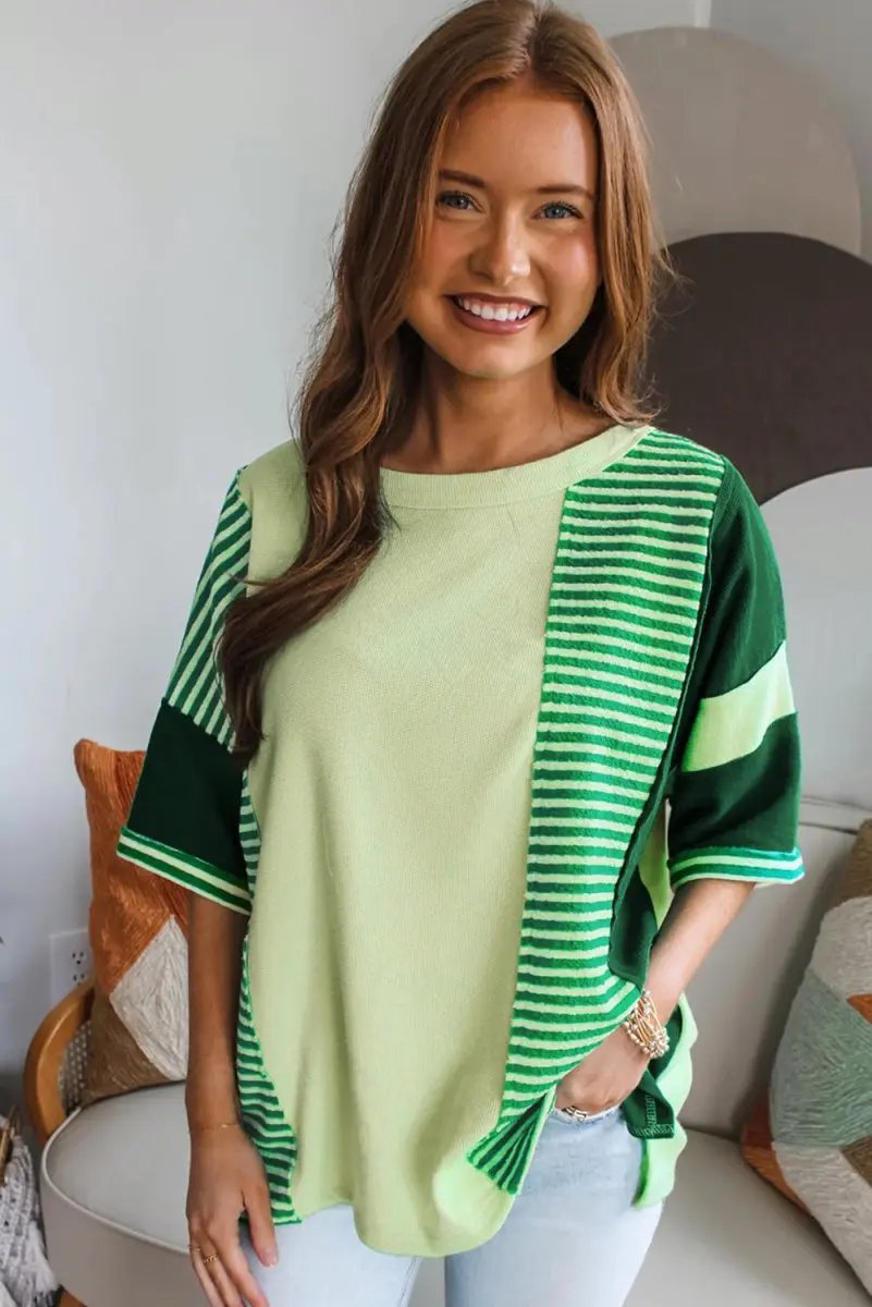 Love Salve Mint Green Knit Top Daily Wear Women&#39;s Colorblock Tee: Soft, Striped