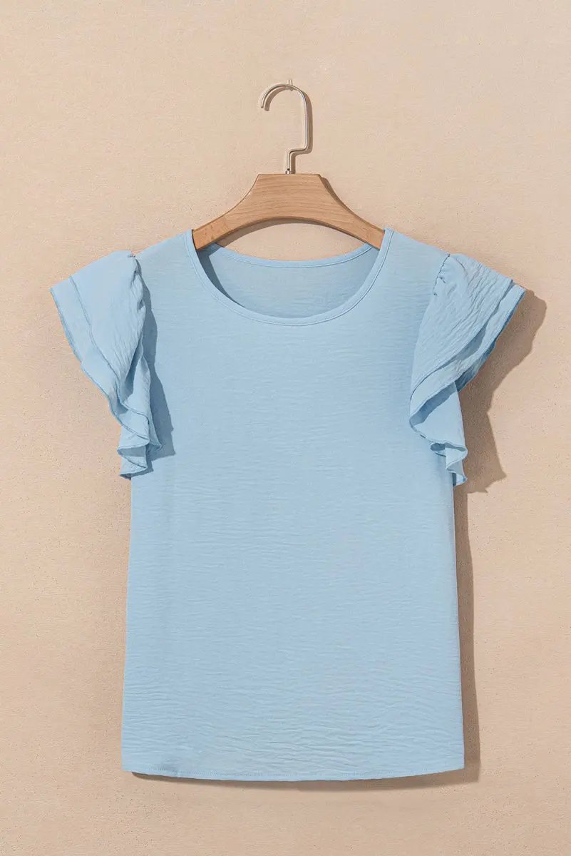 Love Salve Mist Blue Blouse Women&#39;s Daily Ruffled Sleeve Elegant Top