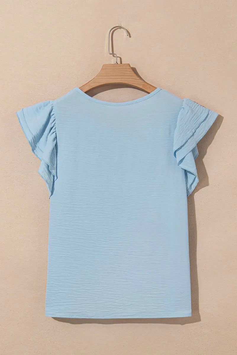Love Salve Mist Blue Blouse Women&#39;s Daily Ruffled Sleeve Elegant Top