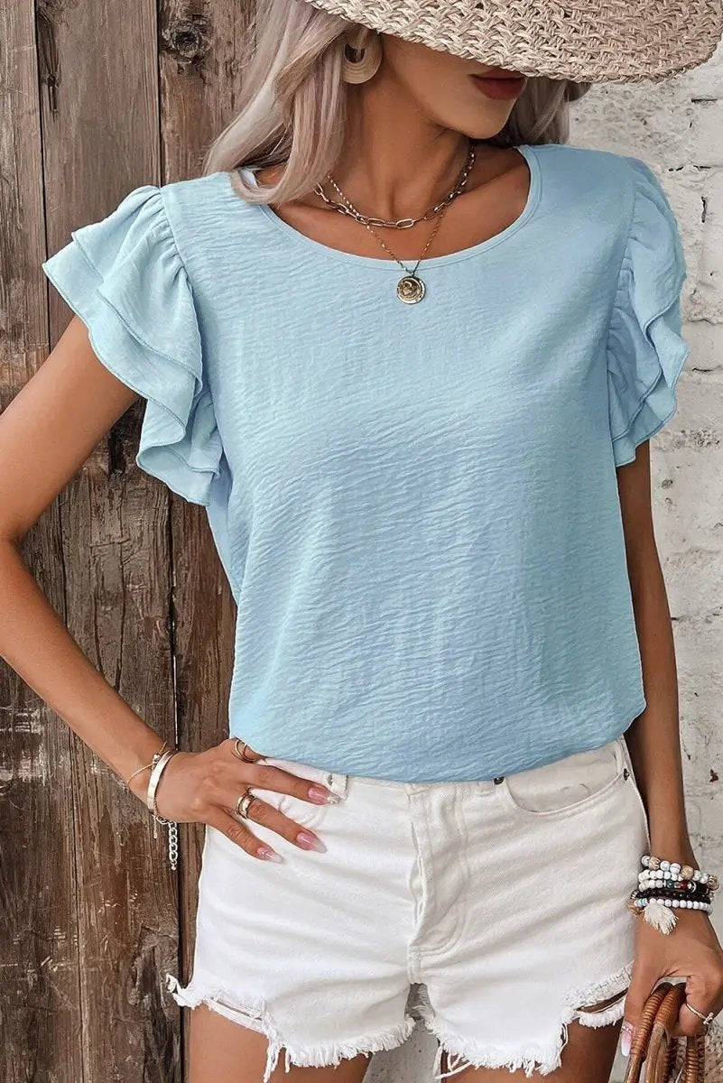 Love Salve Mist Blue Blouse Women&#39;s Daily Ruffled Sleeve Elegant Top