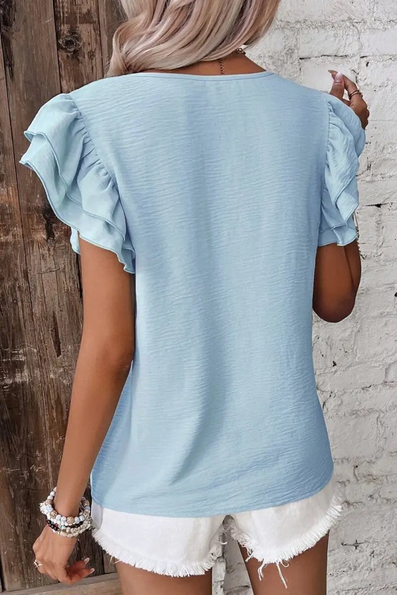 Love Salve Mist Blue Blouse Women&#39;s Daily Ruffled Sleeve Elegant Top