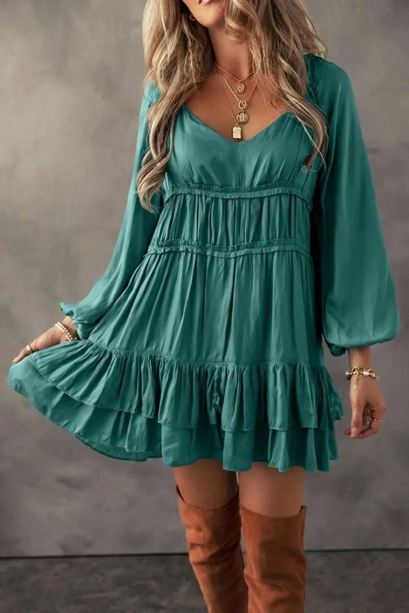 Love Salve Green Mini Dress Women&amp;#39;s Daily Wear Ruffle Tiered A-Line Dress - Chic &amp;amp; Flirty