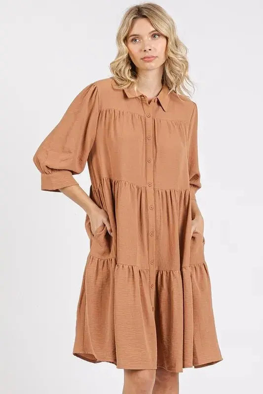 Trendsi Button Detail Dress Women&amp;#39;s Casual Tiered Shirt Dress Flowy, USA Ship