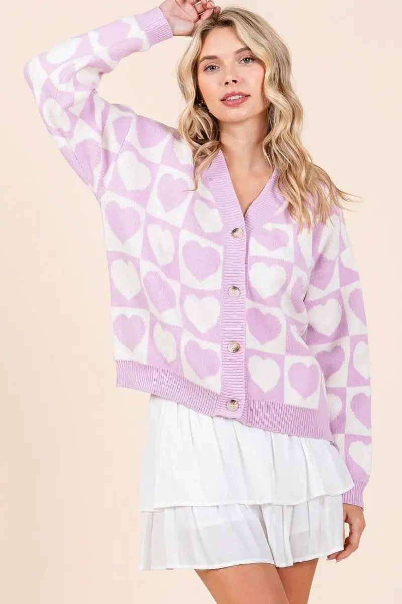 Trendsi Checkered Heart Cardigan Women&amp;#39;s Cute Button Down Knit Sweater