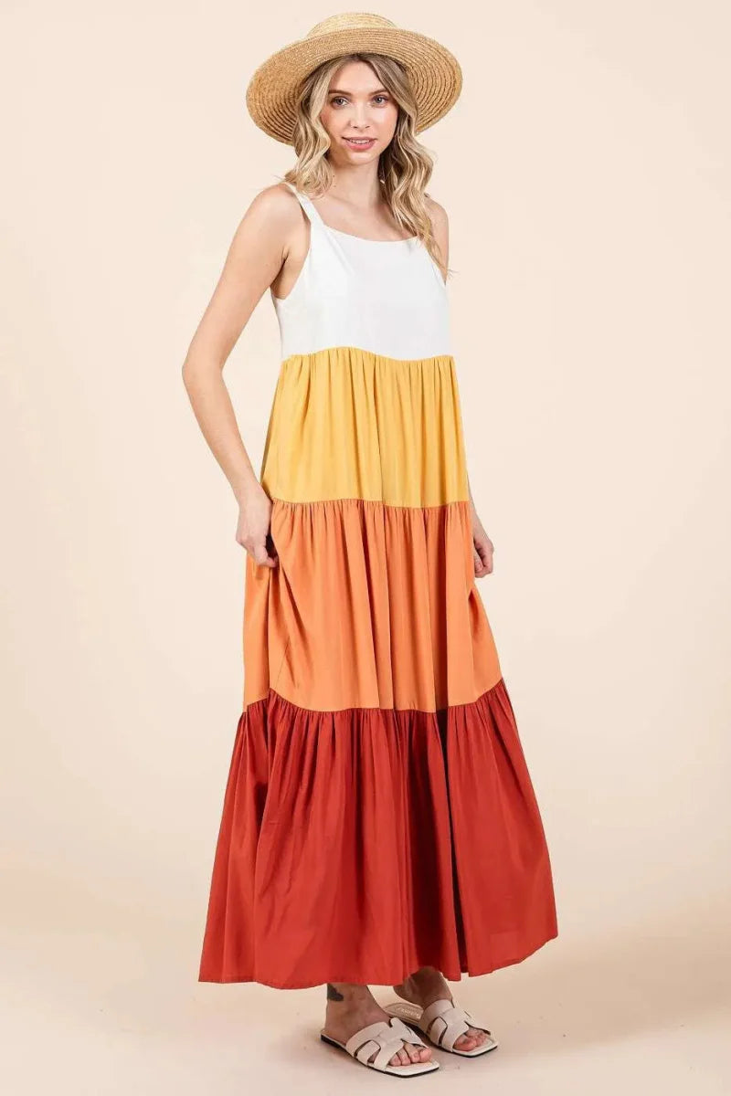 Mittoshop Color Block Tiered Pull-On Maxi Dress for Women