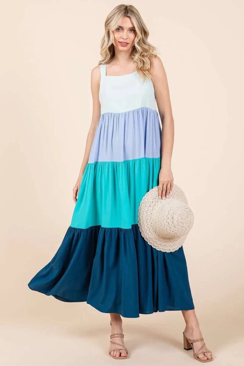 Mittoshop Color Block Tiered Pull-On Maxi Dress for Women